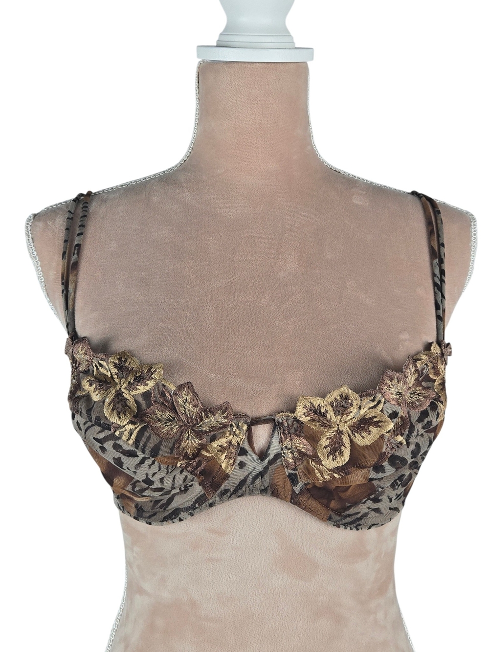 Vintage Simone Perele Bra Leopard Print Floral Applique Size 36C